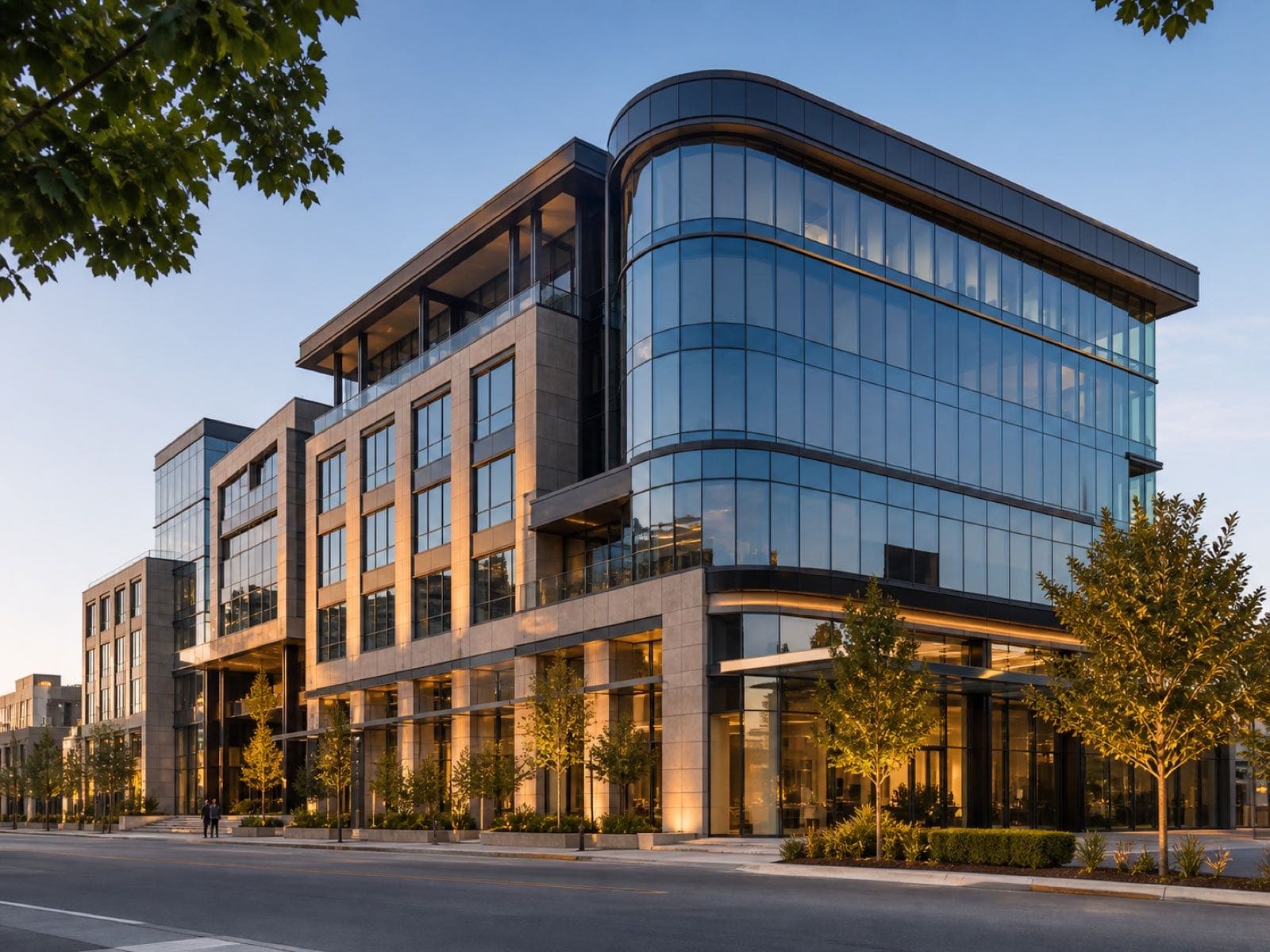 Modern commercial building in warm morning light